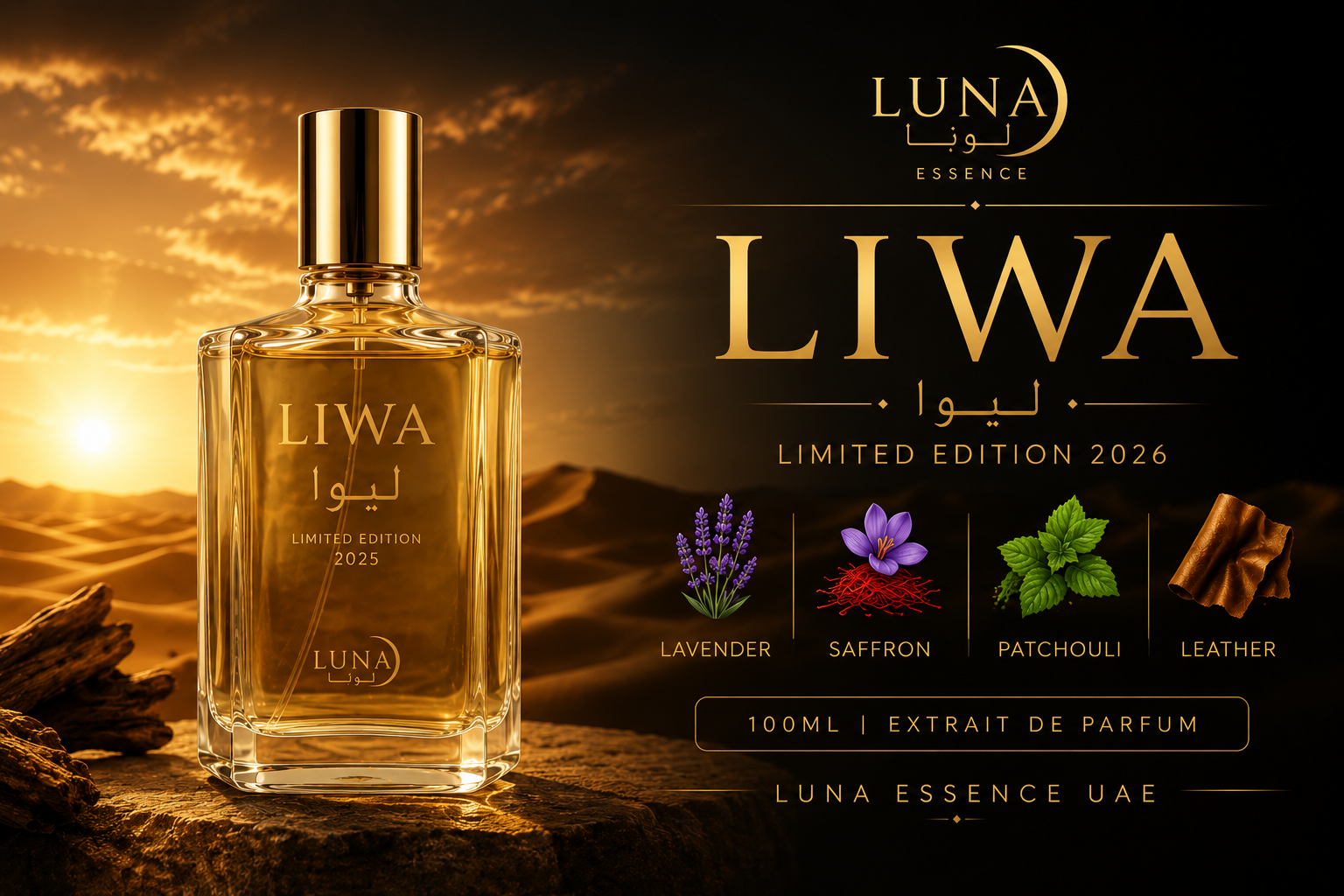 Inspired by the spirit of the Arabian desert. Lavender, Saffron, Patchouli & Leather.
100ml Extrait de Parfum.
Luna Essence Arabic perfume